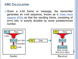 CRC CALCULATION
 Given a k-bit frame or message, the transmitter
generates an n-bit sequence, known as a frame check
sequence (FCS), so that the resulting frame, consisting of
(k+n) bits, is exactly divisible by some predetermined
number.
34
 