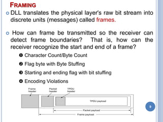 FRAMING
 DLL translates the physical layer's raw bit stream into
discrete units (messages) called frames.
 How can frame be transmitted so the receiver can
detect frame boundaries? That is, how can the
receiver recognize the start and end of a frame?
 Character Count/Byte Count
 Flag byte with Byte Stuffing
 Starting and ending flag with bit stuffing
 Encoding Violations
9
 