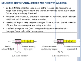 SELECTIVE REPEAT ARQ, SENDER AND RECEIVER WINDOWS.
• Go-Back-N ARQ simplifies the process at the receiver site. Receiver only
keeps track of only one variable, and there is no need to buffer out-of-order
frames, they are simply discarded.
• However, Go-Back-N ARQ protocol is inefficient for noisy link. It is bandwidth
inefficient and slows down the transmission.
• In Selective Repeat ARQ, only the damaged frame is resent. More bandwidth
efficient but more complex processing at receiver.
• It defines a negative ACK (NAK) to report the sequence number of a
damaged frame before the timer expires.
 