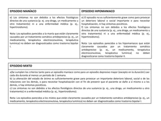 EPISODIO MANÍACO EPISODIO HIPOMANIACO
e) Los síntomas no son debidos a los efectos fisiológicos
directos de una sustancia (p. ej. una droga, un medicamento u
otro tratamiento) ni a una enfermedad médica (p. ej.,
hipertiroidismo).
Nota: Los episodios parecidos a la manía que están claramente
causados por un tratamiento somático antidepresivo (p. ej., un
medicamento, terapéutica electroconvulsiva, terapéutica
lumínica) no deben ser diagnosticados como trastorno bipolar
I.
e) El episodio no es suficientemente grave como para provocar
un deterioro laboral o social importante o para necesitar
hospitalización, ni hay síntomas psicóticos.
f) Los síntomas no son debidos a los efectos fisiológicos
directos de una sustancia (p. ej., una droga, un medicamento u
otro tratamiento) ni a una enfermedad médica (p. ej.,
hipertiroidismo).
Nota: Los episodios parecidos a los hipomaniacos que están
claramente causados por un tratamiento somático
antidepresivo (p. ej., un medicamento, terapéutica
electroconvulsiva, terapéutica lumínica) no deben
diagnosticarse como trastorno bipolar II.
EPISODIO MIXTO
a)Se cumplen los criterios tanto para un episodio maníaco como para un episodio depresivo mayor (excepto en la duración) casi
cada día durante al menos un período de 1 semana.
b) La alteración del estado de ánimo es suficientemente grave para provocar un importante deterioro laboral, social o de las
relaciones con los demás, o para necesitar hospitalización con el fin de prevenir que el paciente se dañe a sí mismo o a los
demás, o hay síntomas psicóticos.
c) Los síntomas no son debidos a los efectos fisiológicos directos de una sustancia (p. ej., una droga, un medicamento u otro
tratamiento) ni a enfermedad médica (p. ej., hipertiroidismo).
Nota: Los episodios parecidos a los mixtos que están claramente causados por un tratamiento somático antidepresivo (p. ej., un
medicamento, terapéutica electroconvulsiva, terapéutica lumínica) no deben ser diagnosticados como trastorno bipolar I.
 