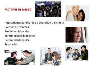 FACTORES DE RIESGO
Antecedentes familiares de depresión o distimia.
Eventos estresantes
Problemas laborales
Enfermedades familiares
Enfermedad Crónica
Separación
 