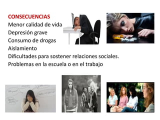 CONSECUENCIAS
Menor calidad de vida
Depresión grave
Consumo de drogas
Aislamiento
Dificultades para sostener relaciones sociales.
Problemas en la escuela o en el trabajo
 