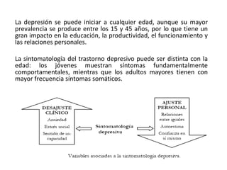 La depresión se puede iniciar a cualquier edad, aunque su mayor
prevalencia se produce entre los 15 y 45 años, por lo que tiene un
gran impacto en la educación, la productividad, el funcionamiento y
las relaciones personales.
La sintomatología del trastorno depresivo puede ser distinta con la
edad: los jóvenes muestran síntomas fundamentalmente
comportamentales, mientras que los adultos mayores tienen con
mayor frecuencia síntomas somáticos.
 
