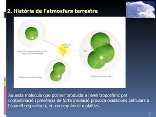 2. Història de l’atmosfera terrestre Aquesta molècula que pot ser produïda a nivell troposfèric per contaminació i presència de forta insolació provoca oxidacions cel·lulars a l’aparell respiratori i, en conseqüència malalties. 