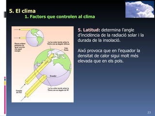 5. El clima 1. Factors que controlen al clima 5. Latitud :  determina l’angle d’incidència de la radiació solar i la durada de la insolació. Aixó provoca que en l’equador la densitat de calor sigui molt més elevada que en els pols. 