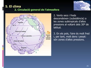 5. El clima 2. Circulació general de l’atmosfera 2. Vents secs i freds descendeixen (subsidència) a les zones subtropicals d’altes pressions al voltant dels 30º de latitud. 3. En els pols, l’aire és molt fred i, per tant, molt dens i pesat: són zones d’altes pressions. 