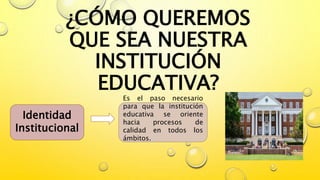 ¿CÓMO QUEREMOS
QUE SEA NUESTRA
INSTITUCIÓN
EDUCATIVA?
Identidad
Institucional
Es el paso necesario
para que la institución
educativa se oriente
hacia procesos de
calidad en todos los
ámbitos.
 