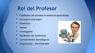 • Facilitador del proceso enseñanza-aprendizaje
• Consejero-orientador
• Diseñador
• Asesor
• Investigador
• Facilitador de contenidos
• Conocimientos tecnológicos
• Organizador - Administrador
Rol del Profesor
 