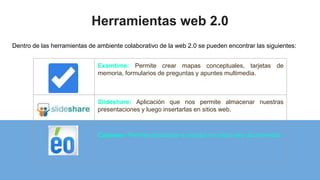 Herramientas web 2.0
Dentro de las herramientas de ambiente colaborativo de la web 2.0 se pueden encontrar las siguientes:
Examtime: Permite crear mapas conceptuales, tarjetas de
memoria, formularios de preguntas y apuntes multimedia.
Slideshare: Aplicación que nos permite almacenar nuestras
presentaciones y luego insertarlas en sitios web.
Calameo: Permite almacenar e insertar en sitios web documentos.
 
