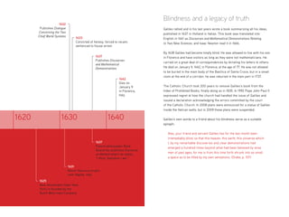 1625
New Amsterdam (later New
York) is founded by the
Dutch West India Company
1631
Mount Vesuvius erupts
near Naples, Italy
1637
French philosopher René
Descartes publishes Discourse
on Method where he states,
“I think, therefore I am.”
1632
Publishes Dialogue
Concerning the Two
Chief World Systems 1633
Convicted of heresy; forced to recant;
sentenced to house arrest
1637
Publishes Discourses
and Mathematical
Demonstrations
1642
Dies on
January 9
in Florence,
Italy
1620 1630 1640
Blindness and a legacy of truth
Galileo rallied and in his last years wrote a book summarizing all his ideas,
published in 1637 in Holland in Italian. This book was translated into
English in 1661 as Discourses and Mathematical Demonstrations Relating
to Two New Sciences, and Isaac Newton read it in 1666.
By 1638 Galileo had become totally blind. He was allowed to live with his son
in Florence and have visitors as long as they were not mathematicians. He
carried on a great deal of correspondences by dictating his letters to others.
He died on January 9, 1642, in Florence, at the age of 77. He was not allowed
to be buried in the main body of the Basilica of Santa Croce, but in a small
room at the end of a corridor; he was reburied in the main part in 1737.
The Catholic Church took 200 years to remove Galileo’s book from the
Index of Prohibited Books, finally doing so in 1835. In 1992 Pope John Paul II
expressed regret at how the church had handled the issue of Galileo and
issued a declaration acknowledging the errors committed by the court
of the Catholic Church. In 2008 plans were announced for a statue of Galileo
inside the Vatican walls, but in 2009 these plans were suspended.
Galileo’s own words to a friend about his blindness serve as a suitable
epitaph:
Alas, your friend and servant Galileo has for the last month been
irremediably blind, so that this heaven, this earth, this universe which
I, by my remarkable discoveries and clear demonstrations had
enlarged a hundred times beyond what had been believed by wise
men of past ages, for me is from this time forth shrunk into so small
a space as to be filled by my own sensations. (Drake, p. 107)
 