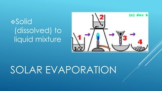 SOLAR EVAPORATION
Solid
(dissolved) to
liquid mixture
 