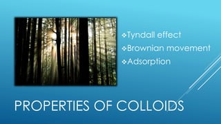 PROPERTIES OF COLLOIDS
Tyndall effect
Brownian movement
Adsorption
 