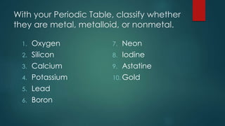 With your Periodic Table, classify whether
they are metal, metalloid, or nonmetal.
1. Oxygen
2. Silicon
3. Calcium
4. Potassium
5. Lead
6. Boron
7. Neon
8. Iodine
9. Astatine
10. Gold
 