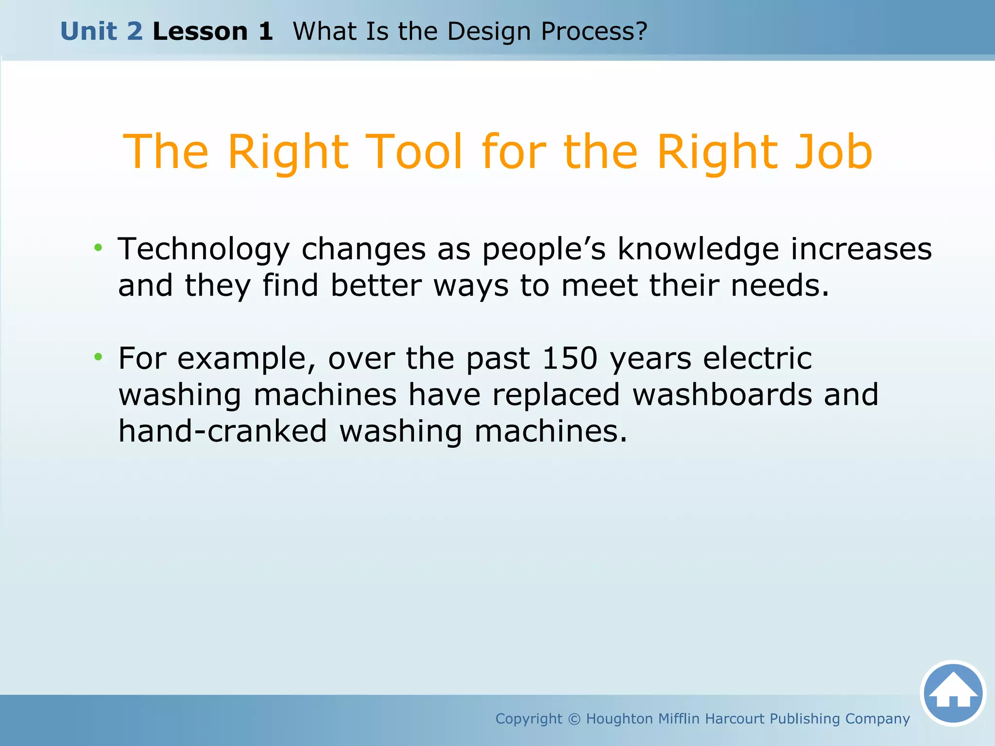 The Right Tool for the Right Job
Copyright © Houghton Mifflin Harcourt Publishing Company
• Technology changes as people’s knowledge increases
and they find better ways to meet their needs.
• For example, over the past 150 years electric
washing machines have replaced washboards and
hand-cranked washing machines.
Unit 2 Lesson 1 What Is the Design Process?
 