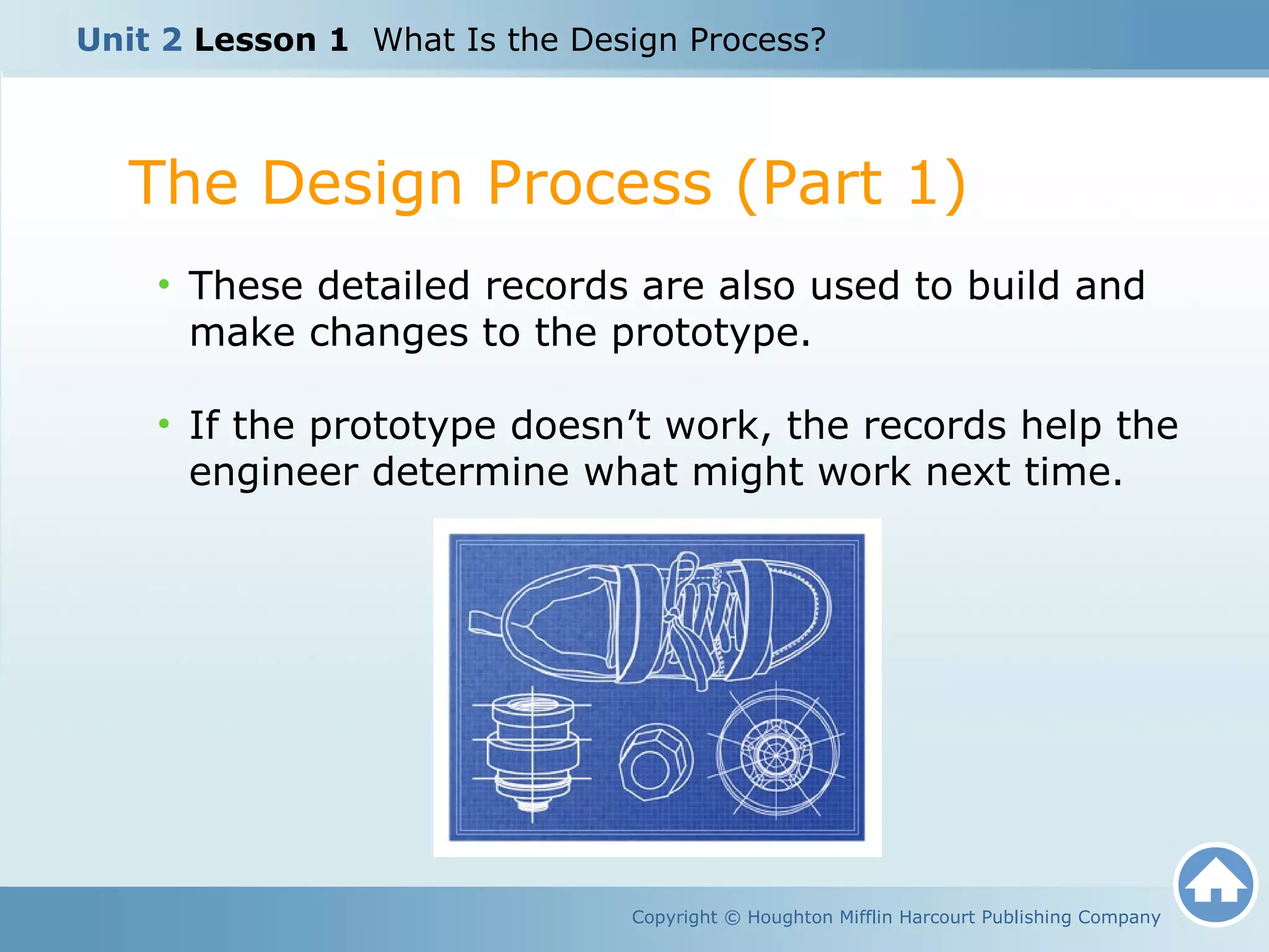 Copyright © Houghton Mifflin Harcourt Publishing Company
• These detailed records are also used to build and
make changes to the prototype.
• If the prototype doesn’t work, the records help the
engineer determine what might work next time.
The Design Process (Part 1)
Unit 2 Lesson 1 What Is the Design Process?
 