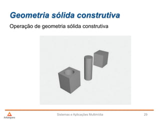 Geometria sólida construtiva
Operação de geometria sólida construtiva
Sistemas e Aplicações Multimídia 29
 