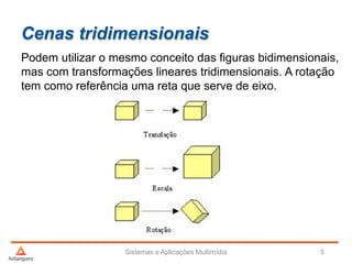 Cenas tridimensionais
Podem utilizar o mesmo conceito das figuras bidimensionais,
mas com transformações lineares tridimensionais. A rotação
tem como referência uma reta que serve de eixo.
Sistemas e Aplicações Multimídia 5
 