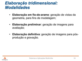 Elaboração tridimensional:
Modalidades
• Elaboração em fio-de-arame: geração de vistas da
geometria, para fins de modelagem;
• Elaboração preliminar: geração de imagens para
avaliação;
• Elaboração definitiva: geração de imagens para pós-
produção e gravação.
Sistemas e Aplicações Multimídia 53
 