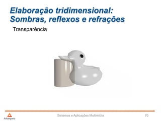 Elaboração tridimensional:
Sombras, reflexos e refrações
Transparência
Sistemas e Aplicações Multimídia 70
 