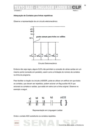 Unidade 2 Parte 1
18
Adequação de Contatos para linhas repetitivas
Observe a representação de um circuito eletromecânico:
Circuito Eletromecânico
Embora não seja regra, alguns CLPs não permitem a conexão de várias saídas em um
mesmo ponto (conexão em paralelo), assim como a limitação do número de contatos
na linha do programa.
Para facilitar a criação via circuito LADDER, pode-se utilizar um artifício em que todos
os contatos, que devam ser repetidos, podem acionar um flag auxiliar AX.X que
acionará os contatos e saídas, que estão em série com a linha original. Observe no
exemplo a seguir.
Representação em Linguagem Ladder
Onde o contato AXX substituiria os contatos repetidos.
 