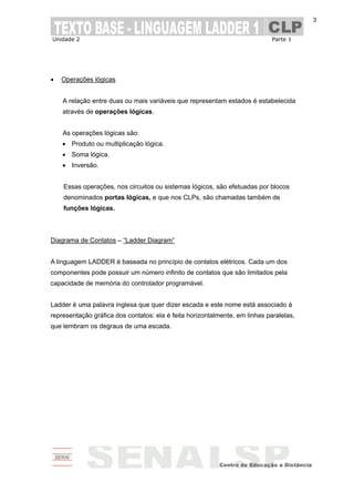 Unidade 2 Parte 1
3
• Operações lógicas
A relação entre duas ou mais variáveis que representam estados é estabelecida
através de operações lógicas.
As operações lógicas são:
• Produto ou multiplicação lógica.
• Soma lógica.
• Inversão.
Essas operações, nos circuitos ou sistemas lógicos, são efetuadas por blocos
denominados portas lógicas, e que nos CLPs, são chamadas também de
funções lógicas.
Diagrama de Contatos – “Ladder Diagram”
A linguagem LADDER é baseada no princípio de contatos elétricos. Cada um dos
componentes pode possuir um número infinito de contatos que são limitados pela
capacidade de memória do controlador programável.
Ladder é uma palavra inglesa que quer dizer escada e este nome está associado à
representação gráfica dos contatos: ela é feita horizontalmente, em linhas paralelas,
que lembram os degraus de uma escada.
 
