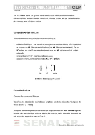 Unidade 2 Parte 1
5
Um CLP ideal seria um grande painel elétrico com infinitos componentes de
comando (relês, temporizadores, contadores, chaves, botões, etc.) e cada elemento
de comando teria infinitos contatos.
CONSIDERAÇÕES INICIAIS
Ao considerarmos um contato levamos em conta que:
está em nível lógico 1, se permitir a passagem de corrente elétrica, não importando
se o mesmo é NF (Normalmente Fechado) ou NA (Normalmente Aberto). Se um
NF estiver em nível 1 não estará acionado e se um NA estiver em nível 1estará
acionado;
uma saída em nível 1 é considerada acionada;
respectivamente, serão considerados NA, NF e SAÍDA:
Símbolos da Linguagem Ladder
Comandos Básicos
Formato dos comandos Básicos
Os comandos básicos são chamados de funções e são todas baseadas na álgebra de
Boole (Boole, G. – 1858)
A álgebra booleana opera com variáveis que só podem assumir dois valores lógicos,
usando para isso números binários. Assim, por exemplo, tanto a variável A como a B e
a Y só podem assumir os valores 0 ou 1.
NA NF saída
 