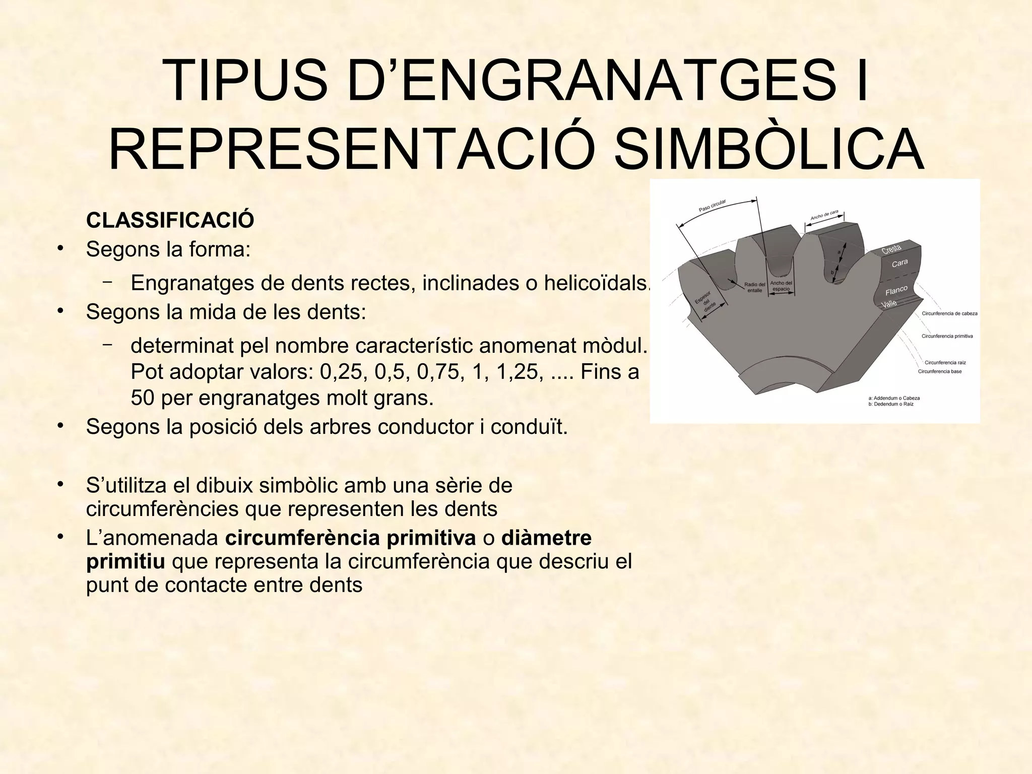 TIPUS D’ENGRANATGES I
REPRESENTACIÓ SIMBÒLICA
CLASSIFICACIÓ
• Segons la forma:
– Engranatges de dents rectes, inclinades o helicoïdals.
• Segons la mida de les dents:
– determinat pel nombre característic anomenat mòdul.
Pot adoptar valors: 0,25, 0,5, 0,75, 1, 1,25, .... Fins a
50 per engranatges molt grans.
• Segons la posició dels arbres conductor i conduït.
• S’utilitza el dibuix simbòlic amb una sèrie de
circumferències que representen les dents
• L’anomenada circumferència primitiva o diàmetre
primitiu que representa la circumferència que descriu el
punt de contacte entre dents
 