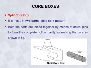 CORE BOXES
2. Split Core Box
 It is made in two parts like a split pattern.
 Both the parts are joined together by means of dowel pins
to form the complete hollow cavity for making the core as
shown in fig.
Split Core Box
 