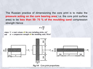 The Russian practice of dimensioning the core print is to make the
pressure acting on the core bearing area( i.e. the core print surface
area) to be less than 50- 75 % of the moulding sand compression
strength Hence
Manufacturing, Engineering & Technology, Fifth Edition, by Serope Kalpakjian and Steven R. Schmid.
ISBN 0-13-148965-8. © 2006 Pearson Education, Inc., Upper Saddle River, NJ. All rights reserved.
 