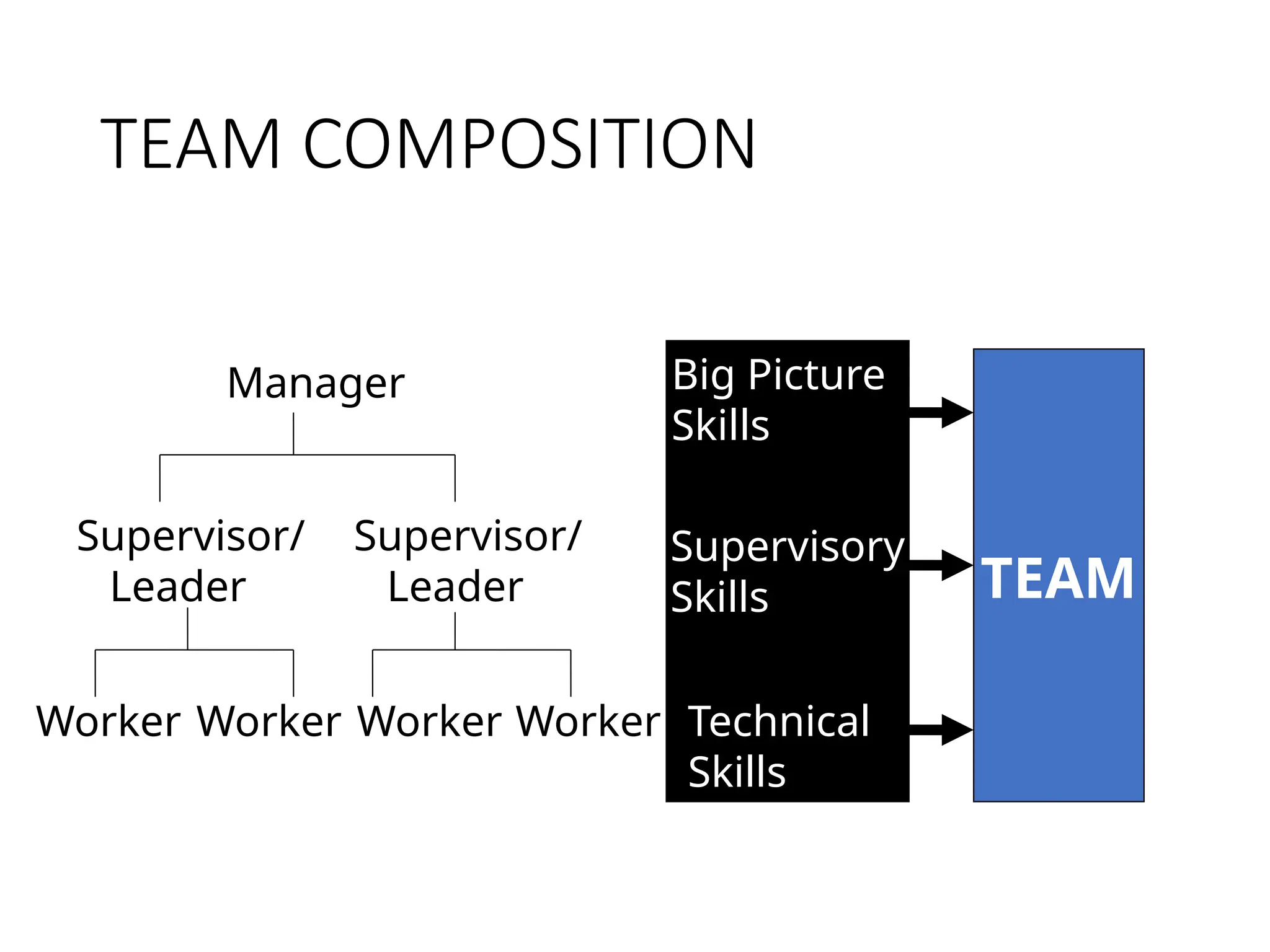 TEAM COMPOSITION
Manager
Supervisor/
Leader
Supervisor/
Leader
Worker
Worker
Worker
Worker
Big Picture
Skills
Supervisory
Skills
Technical
Skills
TEAM
 