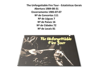 The Unforgettable Fire Tour - Estatisticas Gerais
      Abertura 1984-08-31
    Encerramento 1985-07-07
      Nº de Concertos 111
         Nº de Léguas 7
         Nº de Países 16
        Nº de Cidades 72
         Nº de Locais 81
 