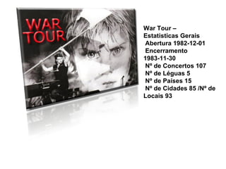 War Tour –
Estatisticas Gerais
Abertura 1982-12-01
Encerramento
1983-11-30
Nº de Concertos 107
Nº de Léguas 5
Nº de Países 15
Nº de Cidades 85 /Nº de
Locais 93
 