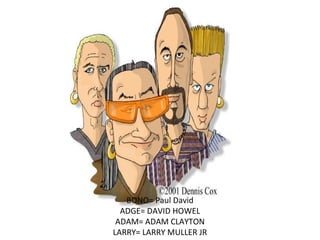 BONO= Paul David
  ADGE= DAVID HOWEL
 ADAM= ADAM CLAYTON
LARRY= LARRY MULLER JR
 