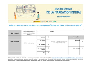 PLANTILLA MODELODE PROPUESTASDE NARRACIÓNDIGITAL PARA SU USO EN EL AULA.1
(Indicar área o materia de Francés
Área o materia estudio: matemáticas, lengua,
historia…)
Ed. Infantil ❏ Creador
Nivel educativo
Ed. Primaria
❏ En relación a (1), indicar también quién
El docente
x
(Señalar mediante cruz) sería el “Creador” de la ND
❏Ed. Secundaria
Ed. Universitaria ❏ El/los alumno/s x
o Superior
Otros x
1
Esta plantilla modelo está destinada a presentar y compartir, en el Banco de Ideas público (https://padlet.com/formacionintef/EduNarraMooc_BancodeIdeas),
propuestas de posibles ideas de Narración Digital ya creadas, o que podrían crear los docentes para sus clases; aunque es extensible y aplicable, con ciertas
modificaciones, a presentar posibles propuestas metodológicas en las que sean los propios alumnos los creadores de las narraciones.
 