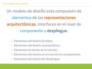 96
El modelo de Diseño
• Elementos del diseño de datos.
• Elementos del diseño arquitectónico.
• Elementos de diseño de la interfaz .
• Elementos del diseño en el nivel de los componentes.
• Elementos del diseño del despliegue.
Un modelo de diseño esta compuesto de
elementos de las representaciones
arquitectónicas, interfaces en el nivel de
componente y despliegue.
 