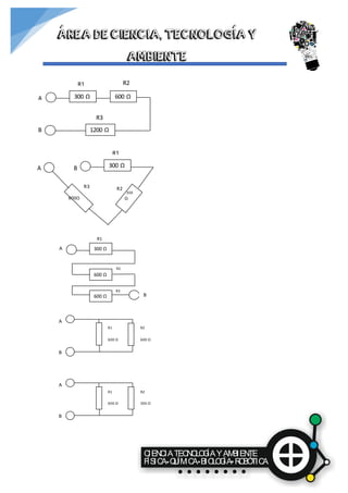 CIENCIATECNOLOGÍAYAMBIENTE
FÍSICA QUÍMICA BIOLOGÍA ROBÓTICA
ÁREA DE CIENCIA, TECNOLOGÍA Y
AMBIENTE
R2R1
300 Ω 600 ΩA
B 1200 Ω
R3
R2
R1
300 Ω
300
Ω
A B
600Ω
R3
R2
R1
300 ΩA
B
R3
600 Ω
600 Ω
R1
600 Ω
A
B
R2
600 Ω
R1
600 Ω
A
B
R2
300 Ω
 