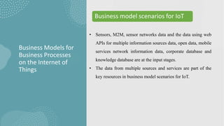• Sensors, M2M, sensor networks data and the data using web
APIs for multiple information sources data, open data, mobile
services network information data, corporate database and
knowledge database are at the input stages.
• The data from multiple sources and services are part of the
key resources in business model scenarios for IoT.
Business Models for
Business Processes
on the Internet of
Things
Business model scenarios for IoT
 