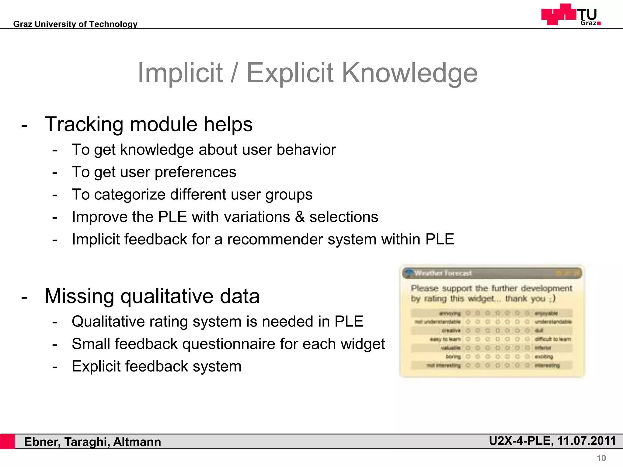 Graz University of Technology




                                Implicit / Explicit Knowledge
     - Tracking module helps
             -   To get knowledge about user behavior
             -   To get user preferences
             -   To categorize different user groups
             -   Improve the PLE with variations & selections
             -   Implicit feedback for a recommender system within PLE


     - Missing qualitative data
             - Qualitative rating system is needed in PLE
             - Small feedback questionnaire for each widget
             - Explicit feedback system



,     Ebner, Taraghi, Altmann                                            U2X-4-PLE, 11.07.2011
                                                                                          10
 