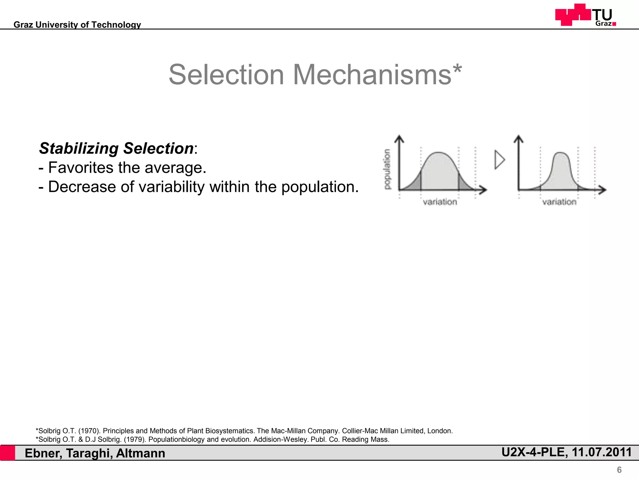 Graz University of Technology




                                                 Selection Mechanisms*

         Stabilizing Selection:
         - Favorites the average.
         - Decrease of variability within the population.




         *Solbrig O.T. (1970). Principles and Methods of Plant Biosystematics. The Mac-Millan Company. Collier-Mac Millan Limited, London.
         *Solbrig O.T. & D.J Solbrig. (1979). Populationbiology and evolution. Addision-Wesley. Publ. Co. Reading Mass.

,     Ebner, Taraghi, Altmann                                                                                                                U2X-4-PLE, 11.07.2011
                                                                                                                                                               6
 