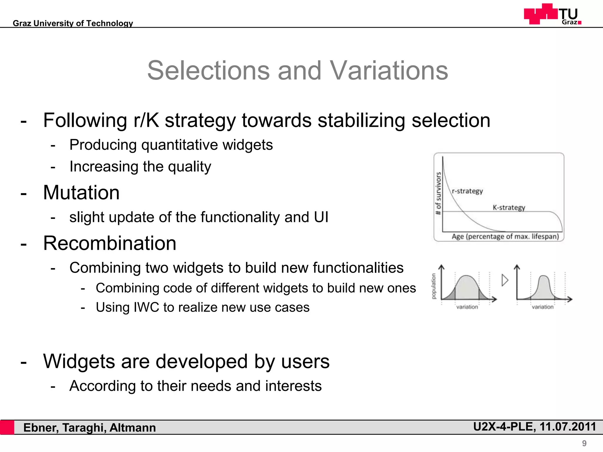 Graz University of Technology




                                    Selections and Variations
     - Following r/K strategy towards stabilizing selection
             - Producing quantitative widgets
             - Increasing the quality
     - Mutation
             - slight update of the functionality and UI
     - Recombination
             - Combining two widgets to build new functionalities
                    - Combining code of different widgets to build new ones
                    - Using IWC to realize new use cases



     - Widgets are developed by users
             - According to their needs and interests

,     Ebner, Taraghi, Altmann                                                 U2X-4-PLE, 11.07.2011
                                                                                                9
 