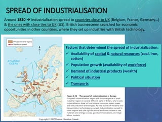 SPREAD OF INDUSTRIALISATION
Factors that determined the spread of industrialization:
 Availability of capital & natural resources (coal, iron,
cotton)
 Population growth (availability of workforce)
 Demand of industrial products (wealth)
 Political situation
 Transports
Around 1830  industrialization spread to countries close to UK (Belgium, France, Germany…)
& the ones with close ties to UK (US). British businessmen searched for economic
opportunities in other countries, where they set up industries with British technology.
 