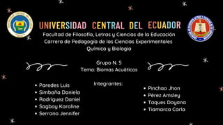 Paredes Luis
Simbaña Daniela
Rodríguez Daniel
Sagbay Karoline
Serrano Jennifer
Pinchao Jhon
Pérez Amsley
Taques Dayana
Tiamarca Carla


Facultad de Filosofía, Letras y Ciencias de la Educación
Carrera de Pedagogía de las Ciencias Experimentales
Química y Biología


Grupo N. 5
Tema: Biomas Acuáticos


Integrantes:




UNIVERSIDAD CENTRAL ECUADOR
DEL
 