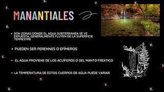 MANANTIALES
SON ZONAS DONDE EL AGUA SUBTERRANEA SE VE
EXPUESTA, GENERALMENTE FLUYEN DE LA SUPERFICIE
TERRESTRE
PUEDEN SER PERENNES O EFÍMEROS
EL AGUA PROVIENE DE LOS ACUÍFEROS O DEL MANTO FREATICO
LA TEMPERATURA DE ESTOS CUERPOS DE AGUA PUEDE VARIAR
 