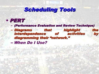 Scheduling ToolsScheduling Tools
• PERTPERT
– (Performance Evaluation and Review Technique)(Performance Evaluation and Review Technique)
– Diagrams that highlight theDiagrams that highlight the
interdependence of activities byinterdependence of activities by
diagramming their “network.”diagramming their “network.”
– When Do I Use?
 
