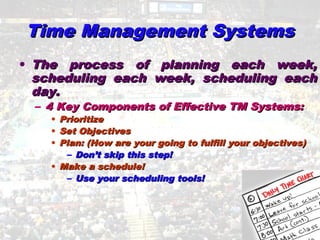 Time Management SystemsTime Management Systems
• The process of planning each week,The process of planning each week,
scheduling each week, scheduling eachscheduling each week, scheduling each
day.day.
– 4 Key Components of Effective TM Systems:4 Key Components of Effective TM Systems:
• PrioritizePrioritize
• Set ObjectivesSet Objectives
• Plan: (How are your going to fulfill your objectives)Plan: (How are your going to fulfill your objectives)
– Don’t skip this step!Don’t skip this step!
• Make a schedule!Make a schedule!
– Use your scheduling tools!Use your scheduling tools!
 