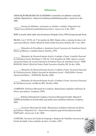 63
Referências
ASSOCIAÇÃO BRASILEIRA DE ALZHEIMER. Convivendo com alzheimer: manual do
cuidador. Disponível em: http://www.alzheimer.med.br/declaracao.htm. Acesso em: 8 abr.
2005.
______. Doença de alzheimer: orientações ao familiar: cuidador. Disponível em:
http://www.alzheimer.med.br/declaracao.htm. Acesso em: 8 abr. 2005.
BOFF, Leonardo. Saber cuidar: ética do humano. Petrópolis: Vozes, 1999. (Compaixão pela Terra).
BRASIL. Lei nº 10.741, de 1º de outubro de 2003. Dispõe sobre o estatuto do idoso e dá
outras providencias. Diário Oficial da União, Poder Executivo, Brasília, DF, 3 out. 2003.
______. Ministério da Previdência e Assistência Social. Secretaria de Assistência Social.
Idosos: problemas e cuidados básicos. Brasília, 1999.
______. Ministério de Desenvolvimento Social e Combate à Fome. Conselho Nacional
de Assistência Social. Resolução nº 269, de 13 de dezembro de 2006. Aprova a norma
operacional básica de recursos humanos do Sistema Único de Assistência Social - NOB-
RH/SUAS. Diário Oficial da União, Poder Executivo, Brasília, DF, 26 dez. 2006.
______. Ministério do Desenvolvimento Social e Combate à Fome. Secretaria Nacional
de Assistência Social. Política Nacional de Assistência Social – PNAS/2004 e Norma
Operacional Básica – NOB/SUAS. Brasília, 2004.
______. Ministério do Desenvolvimento Social e Combate à Fome. Secretaria Nacional
de Assistência Social. Cartilha do BPC. Brasília, 2006.
CAMPINAS. Prefeitura Municipal de Campinas. Manual para cuidadores informais de
idosos: guia prático. Campinas, 2004.
______. Prefeitura Municipal de Campinas. Secretaria Municipal de Saúde. Manual de
cuidados domiciliares na terceira idade: guia prático para cuidadores informais. Campinas,
2003.
______. Secretaria Municipal de Saúde. Manual para cuidadores informais de Idosos:
guia prático. Disponível em: http://www.campinas.sp.gov.br/sa/impressos/saude/
FO087.pdf. Acesso em: 8 abr. 2005.
CURITIBA. Secretaria de Estado do Emprego e Relações do Trabalho; Secretaria de
Estado da Saúde. Curso cuidador de idoso. Curitiba, 1999.
 