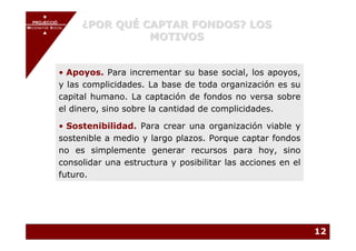 PROJECCIÓ
       PROJECCIÓ
MECENATGE SOCIAL        ¿POR QUÉ CAPTAR FONDOS? LOS
                                  MOTIVOS
     MECENATGE SOCIAL




              • Apoyos. Para incrementar su base social, los apoyos,
              y las complicidades. La base de toda organización es su
              capital humano. La captación de fondos no versa sobre
              el dinero, sino sobre la cantidad de complicidades.

              • Sostenibilidad. Para crear una organización viable y
              sostenible a medio y largo plazos. Porque captar fondos
              no es simplemente generar recursos para hoy, sino
              consolidar una estructura y posibilitar las acciones en el
              futuro.




                                                                           12
 