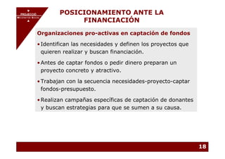 PROJECCIÓ
       PROJECCIÓ
                       POSICIONAMIENTO ANTE LA
                            FINANCIACIÓN
MECENATGE SOCIAL
    MECENATGE SOCIAL




            Organizaciones pro-activas en captación de fondos

            • Identifican las necesidades y definen los proyectos que
              quieren realizar y buscan financiación.

            • Antes de captar fondos o pedir dinero preparan un
              proyecto concreto y atractivo.

            • Trabajan con la secuencia necesidades-proyecto-captar
              fondos-presupuesto.

            • Realizan campañas específicas de captación de donantes
              y buscan estrategias para que se sumen a su causa.




                                                                        18
 