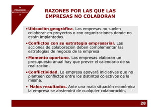 PROJECCIÓ
       PROJECCIÓ
MECENATGE SOCIAL        RAZONES POR LAS QUE LAS
                        EMPRESAS NO COLABORAN
     MECENATGE SOCIAL




              • Ubicación geográfica. Las empresas no suelen
                colaborar en proyectos o con organizaciones donde no
                están implantadas.
              • Conflictos con su estrategia empresarial. Las
                acciones de colaboración deben complementar las
                estrategias de negocio de la empresa
              • Momento oportuno. Las empresas elaboran un
                presupuesto anual hay que prever el calendario de su
                realización.
              • Conflictividad. La empresa apoyará iniciativas que no
                planteen conflictos entre los distintos colectivos de la
                misma.
              • Malos resultados. Ante una mala situación económica
               la empresa se abstendrá de cualquier colaboración.


                                                                           28
 