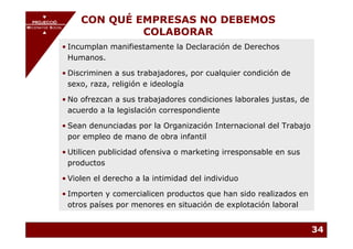 PROJECCIÓ
       PROJECCIÓ
                       CON QUÉ EMPRESAS NO DEBEMOS
                                COLABORAR
MECENATGE SOCIAL
    MECENATGE SOCIAL



              • Incumplan manifiestamente la Declaración de Derechos
                Humanos.

              • Discriminen a sus trabajadores, por cualquier condición de
                sexo, raza, religión e ideología

              • No ofrezcan a sus trabajadores condiciones laborales justas, de
                acuerdo a la legislación correspondiente

              • Sean denunciadas por la Organización Internacional del Trabajo
                por empleo de mano de obra infantil

              • Utilicen publicidad ofensiva o marketing irresponsable en sus
                productos

              • Violen el derecho a la intimidad del individuo

              • Importen y comercialicen productos que han sido realizados en
                otros países por menores en situación de explotación laboral


                                                                                  34
 